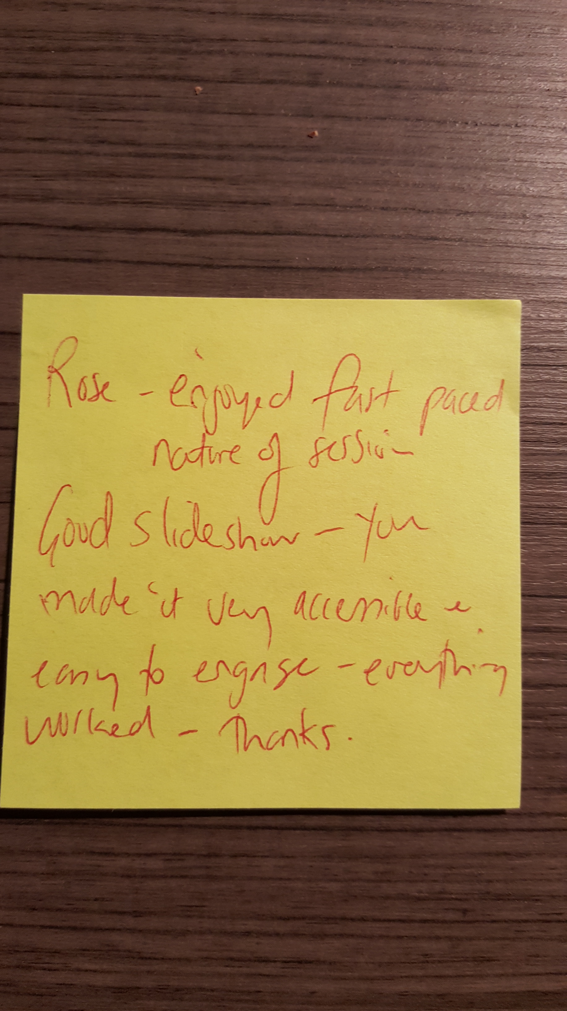 Post it note with positive feedback.