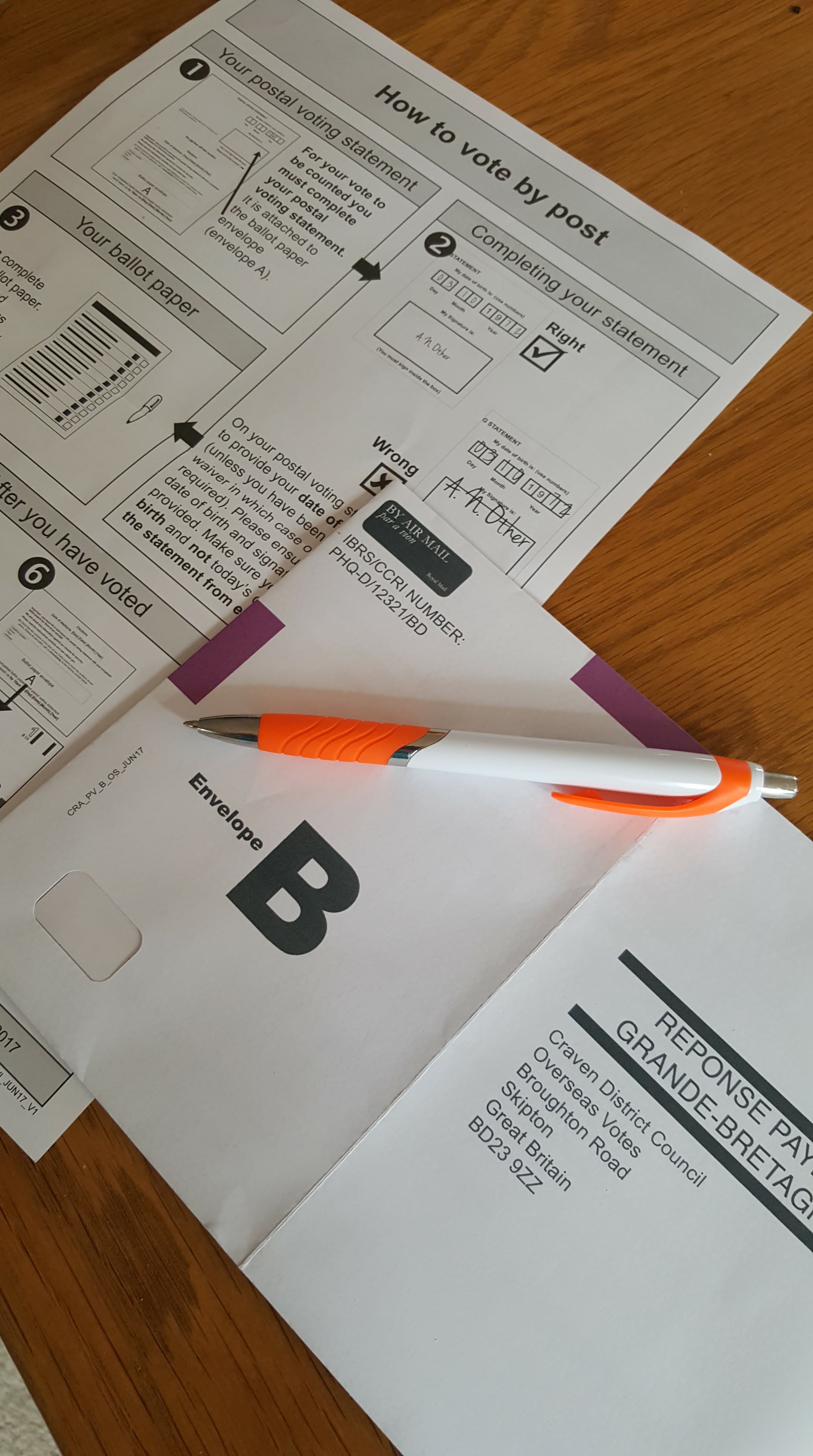 postal voting papers and a pen