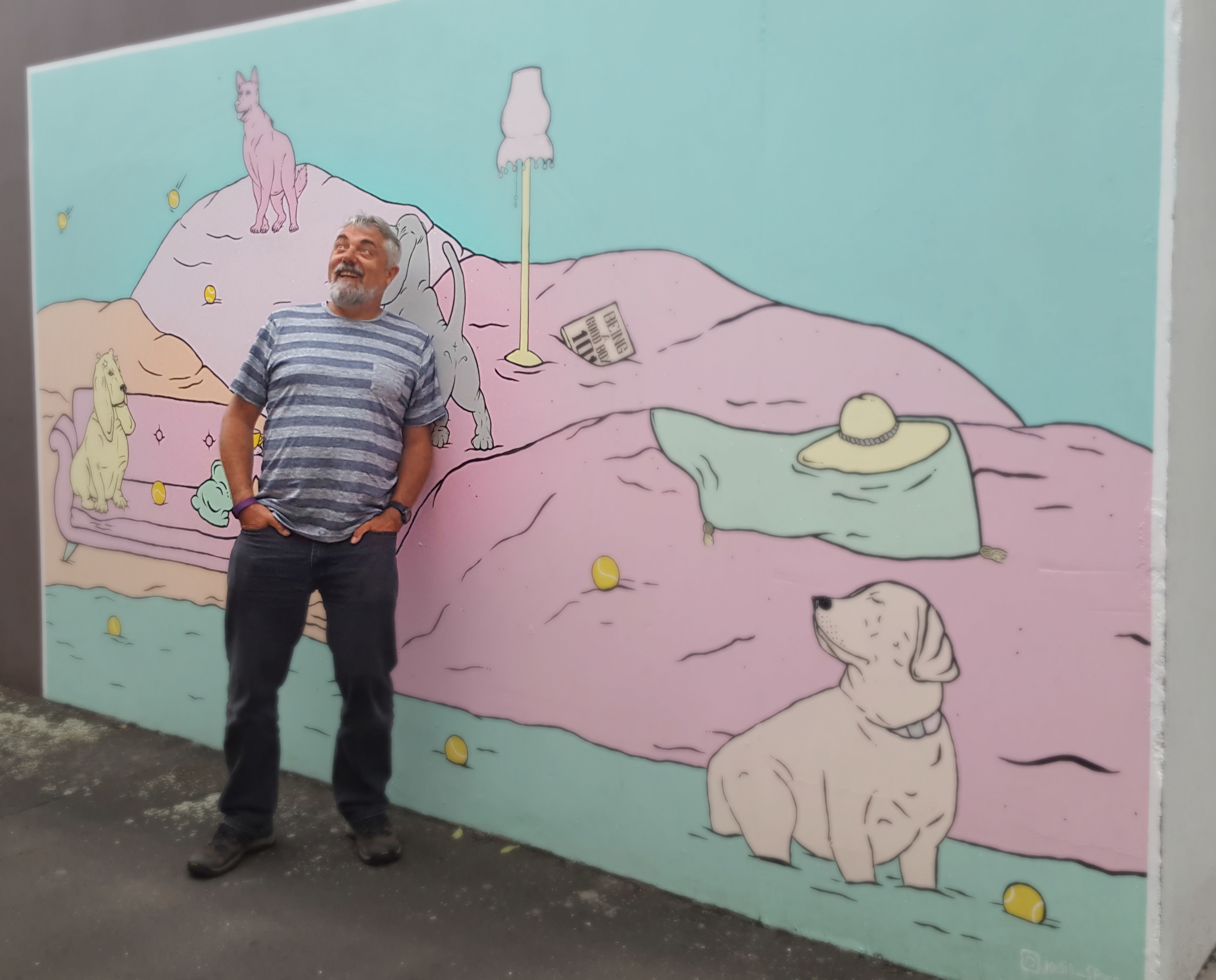 Man wearing a strpd tee-shirt and jeans standing against a painted wall looking upwards. The wall is painted pink and blue with a dog in the right corner and other dog paraphernalia across the painting