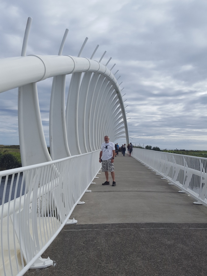 Te Rewarewa bridge is an iconic white metal bridge in Taranaki. a white arch rising up from the bottom left of the image and then diminishing in the distance to meet the horizon mid centre. A ma is standing on the bridge and others are walking across it